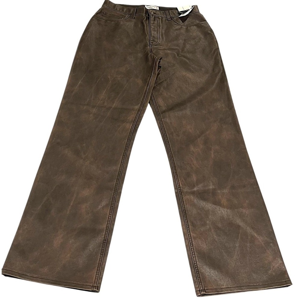 NWT Abercrombie & Fitch 90s Relaxed High Rise Vegan Leather Pants Brown 31L‎